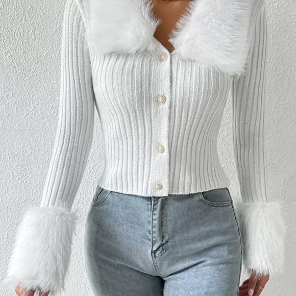 SHEIN Allurite Faux Fur Trimmed Rib Knit Cardigan - Picture 5 of 17
